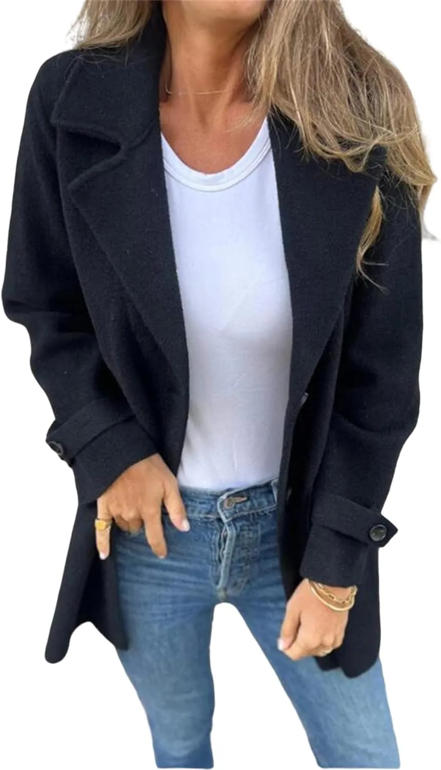 Womens Wool Blend Coat Notched Lapel Jacket Open Front Botton Down Cozy Warm Outerwear