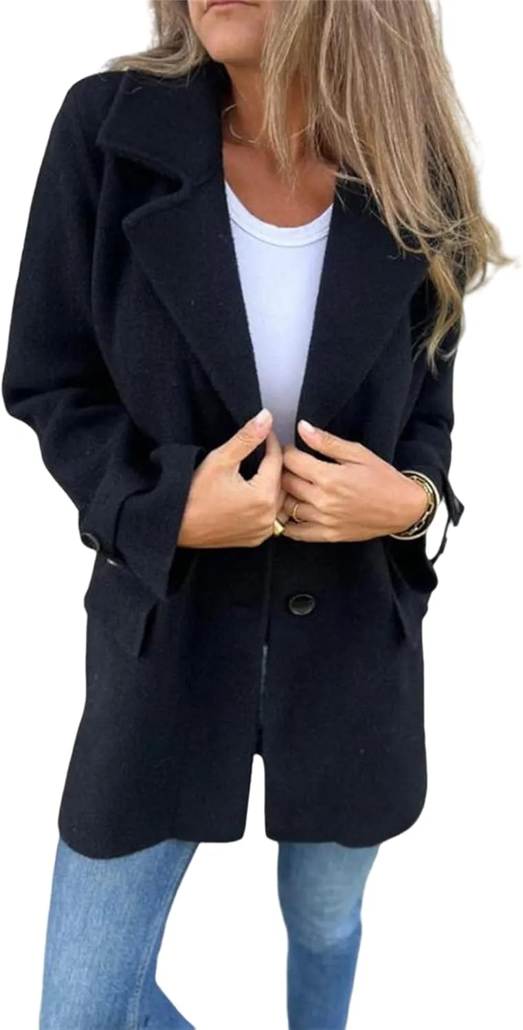 Womens Wool Blend Coat Notched Lapel Jacket Open Front Botton Down Cozy Warm Outerwear