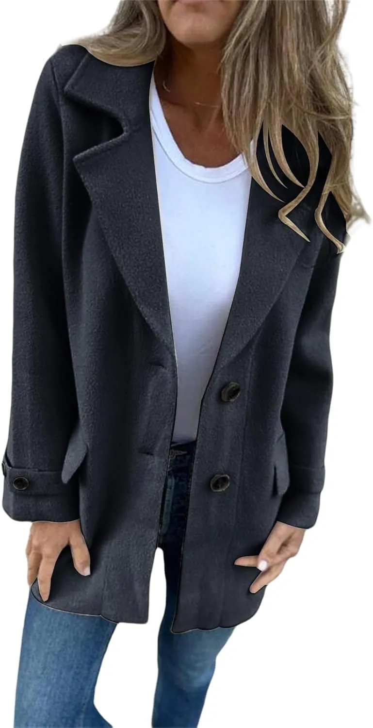 Womens Wool Blend Coat Notched Lapel Jacket Open Front Botton Down Cozy Warm Outerwear