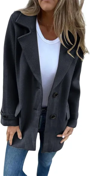 Womens Wool Blend Coat Notched Lapel Jacket Open Front Botton Down Cozy Warm Outerwear
