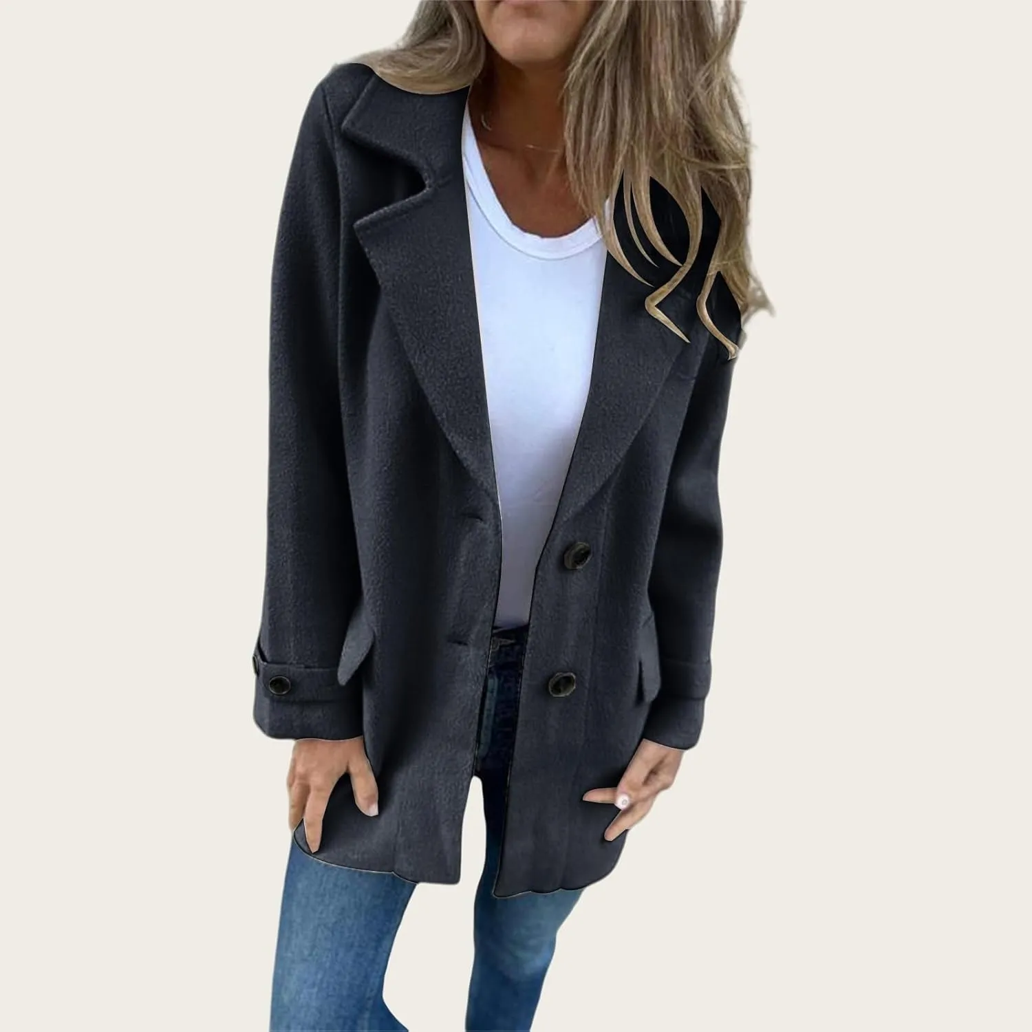 Womens Wool Blend Coat Notched Lapel Jacket Open Front Botton Down Cozy Warm Outerwear