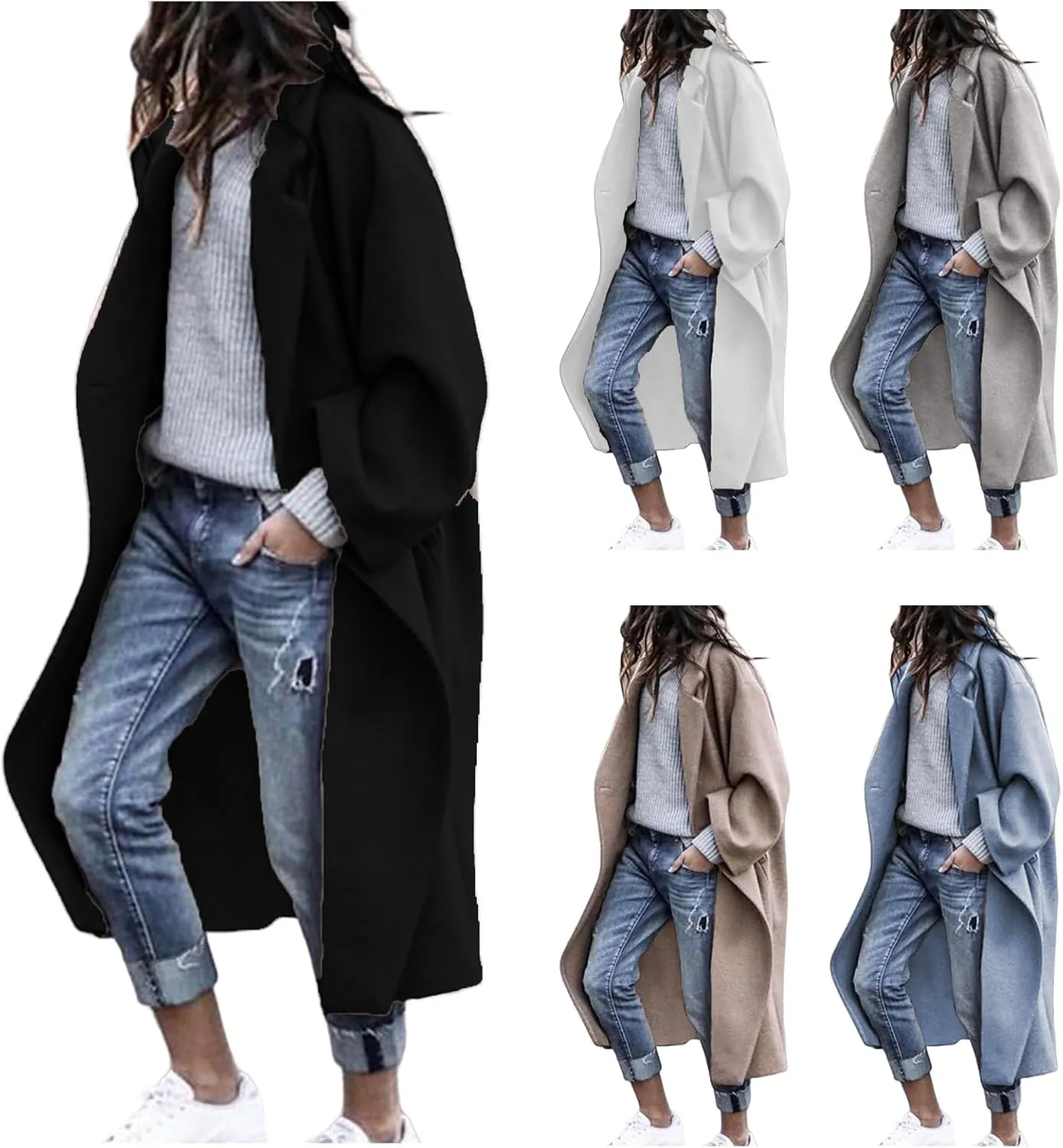Womens Wool Blend Coat Oversized Notched Collar Single Breasted Coats Casual Winter Long Trench Coat Outerwear