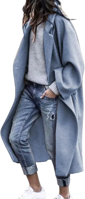 Womens Wool Blend Coat Oversized Notched Collar Single Breasted Coats Casual Winter Long Trench Coat Outerwear