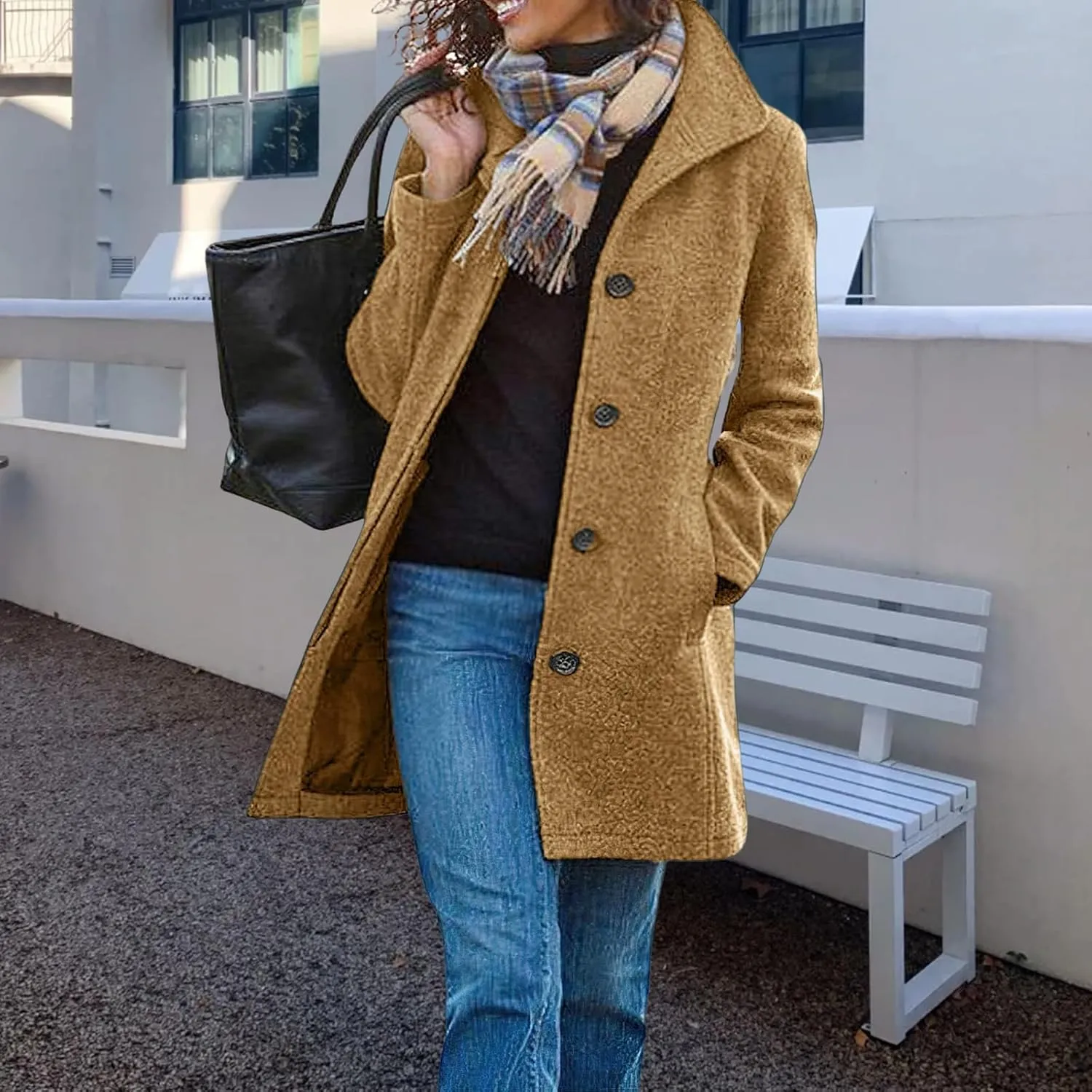 Womens Wool Blend Coat Stand Collar Single Breasted Outwear Winter Coat Casual Thicken Peacoat