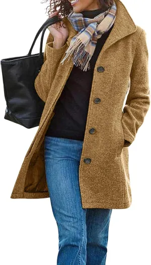 Womens Wool Blend Coat Stand Collar Single Breasted Outwear Winter Coat Casual Thicken Peacoat