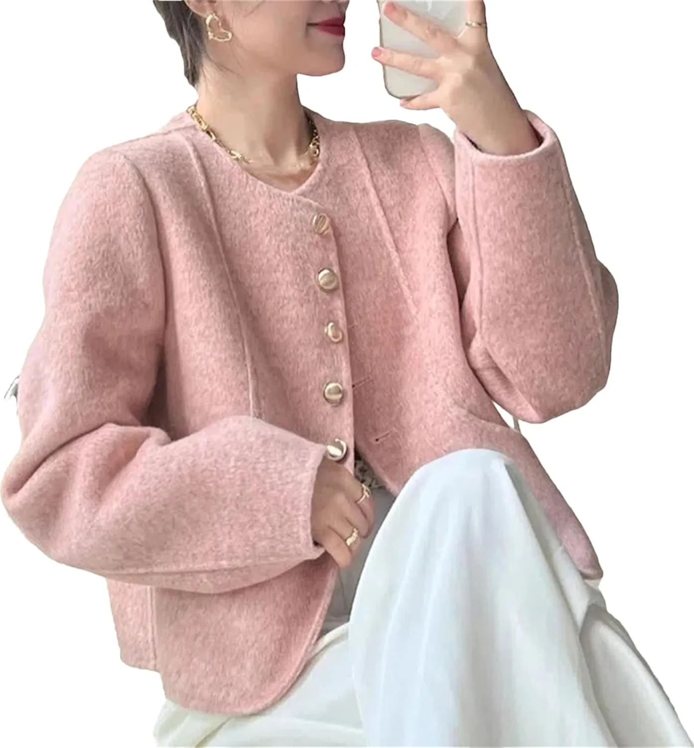 Womens Woolen Short Jackets Slim Cropped Long Sleeve Wool Blend Coats