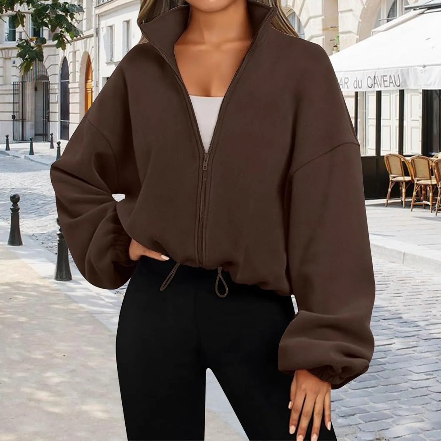 Womens Zip Up Hoodie Oversized Sweatshirt Fleece Cropped Jacket Trendy Fleece Jacket Travel Stretchy Jackets Utility
