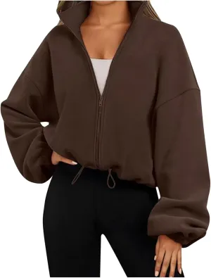 Womens Zip Up Hoodie Oversized Sweatshirt Fleece Cropped Jacket Trendy Fleece Jacket Travel Stretchy Jackets Utility