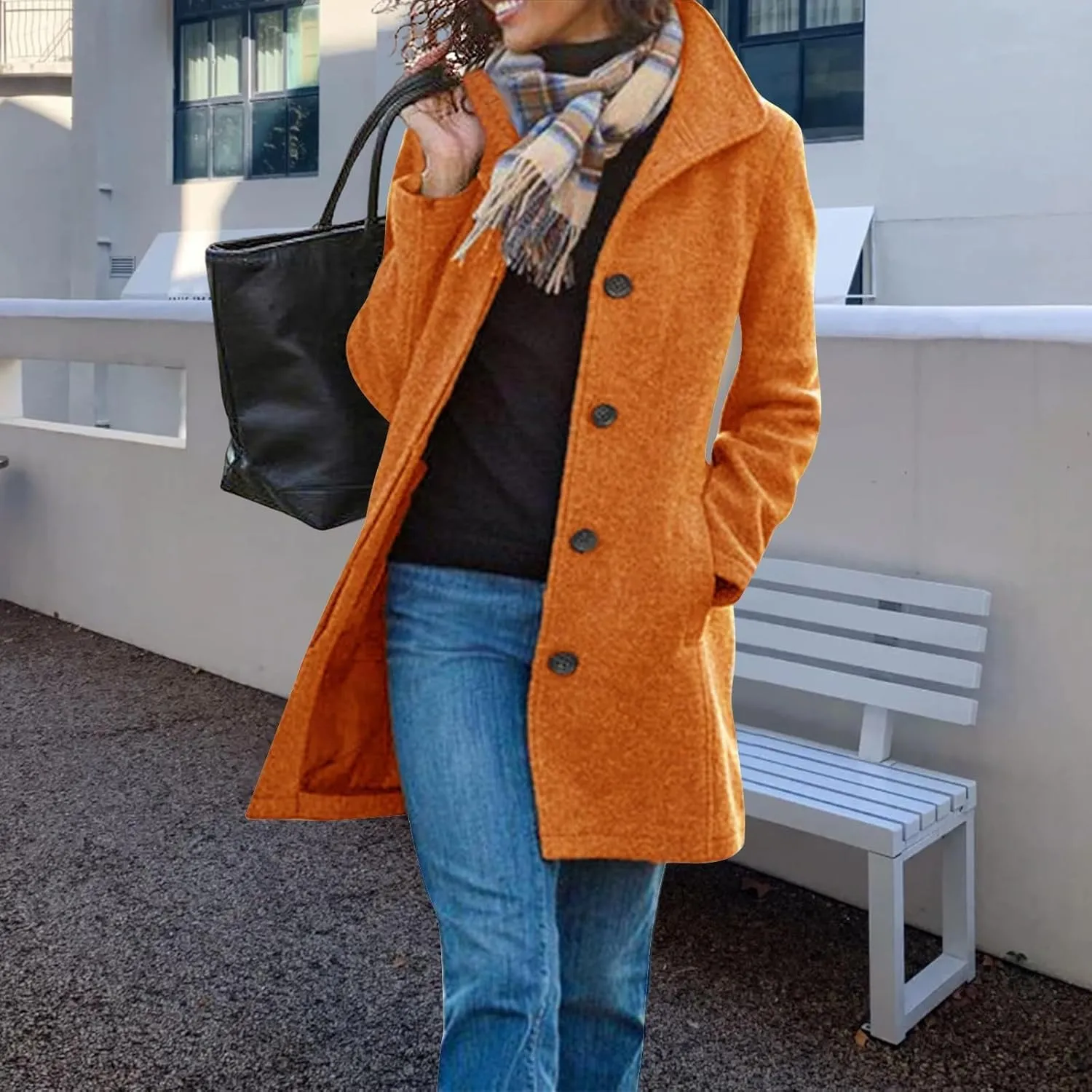 Wool Blend Coat for Women Thicken Stand Collar Pea Coat Casual Long Sleeve Jacket Winter Button Down Outerwear