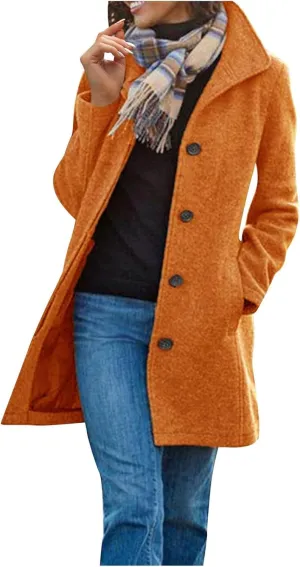 Wool Blend Coat for Women Thicken Stand Collar Pea Coat Casual Long Sleeve Jacket Winter Button Down Outerwear