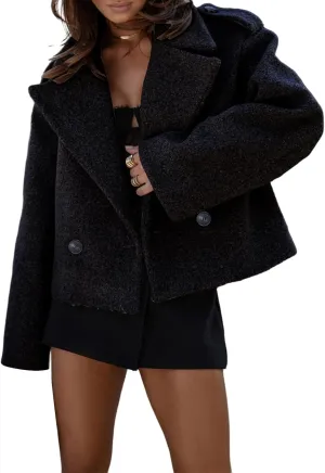 Wool Blend Coat Women Cropped Long Sleeve Jacket Lapel Open Front Double Breasted Coats Winter Peacoat