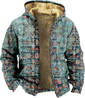 XIAXOGOOL Zip Up Sweatshirts For Men With Hood Big Tall Retro Ethnic Graphic Hoodies Heavyweight Sherpa Fleece Lined Jackets