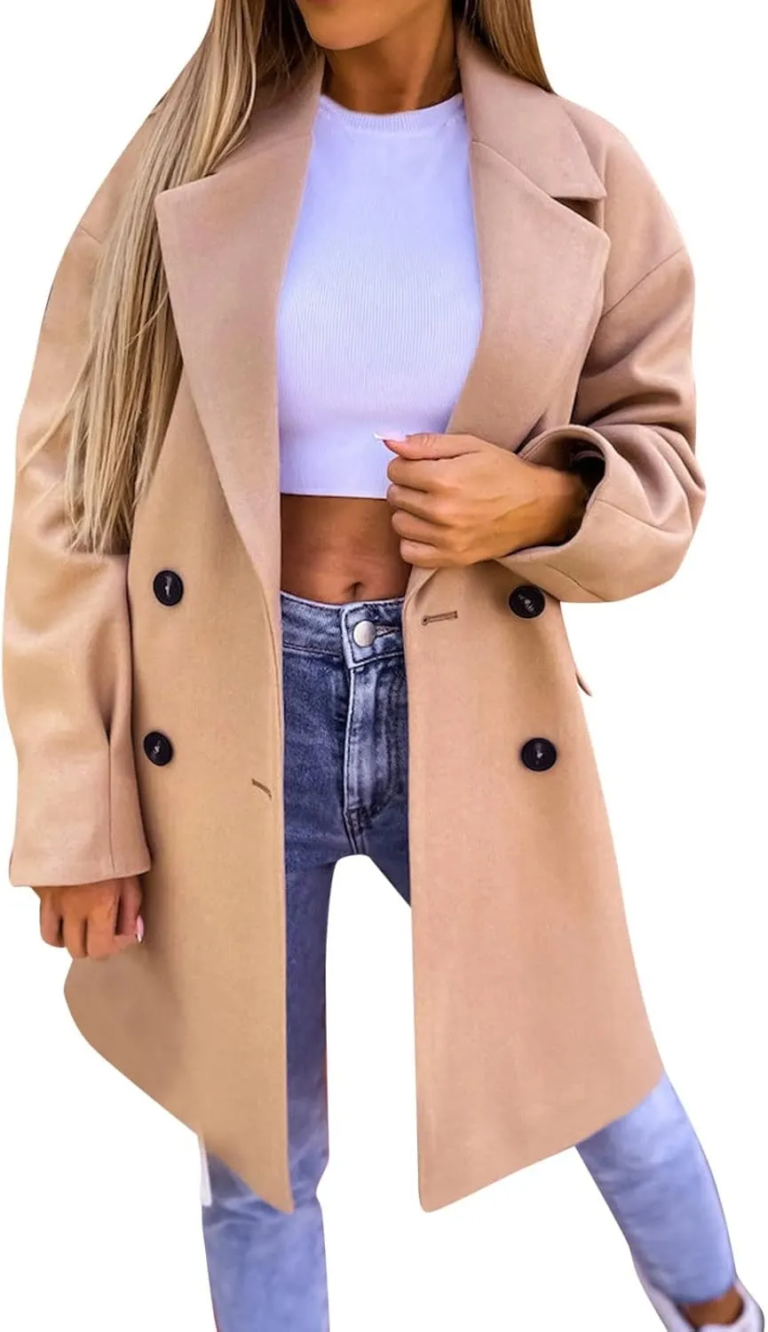 XUETON Women's Double Breasted Long Trench Coat Windproof Classic Lapel Belted Winter Wool Blend Warm Coat Overcoat with