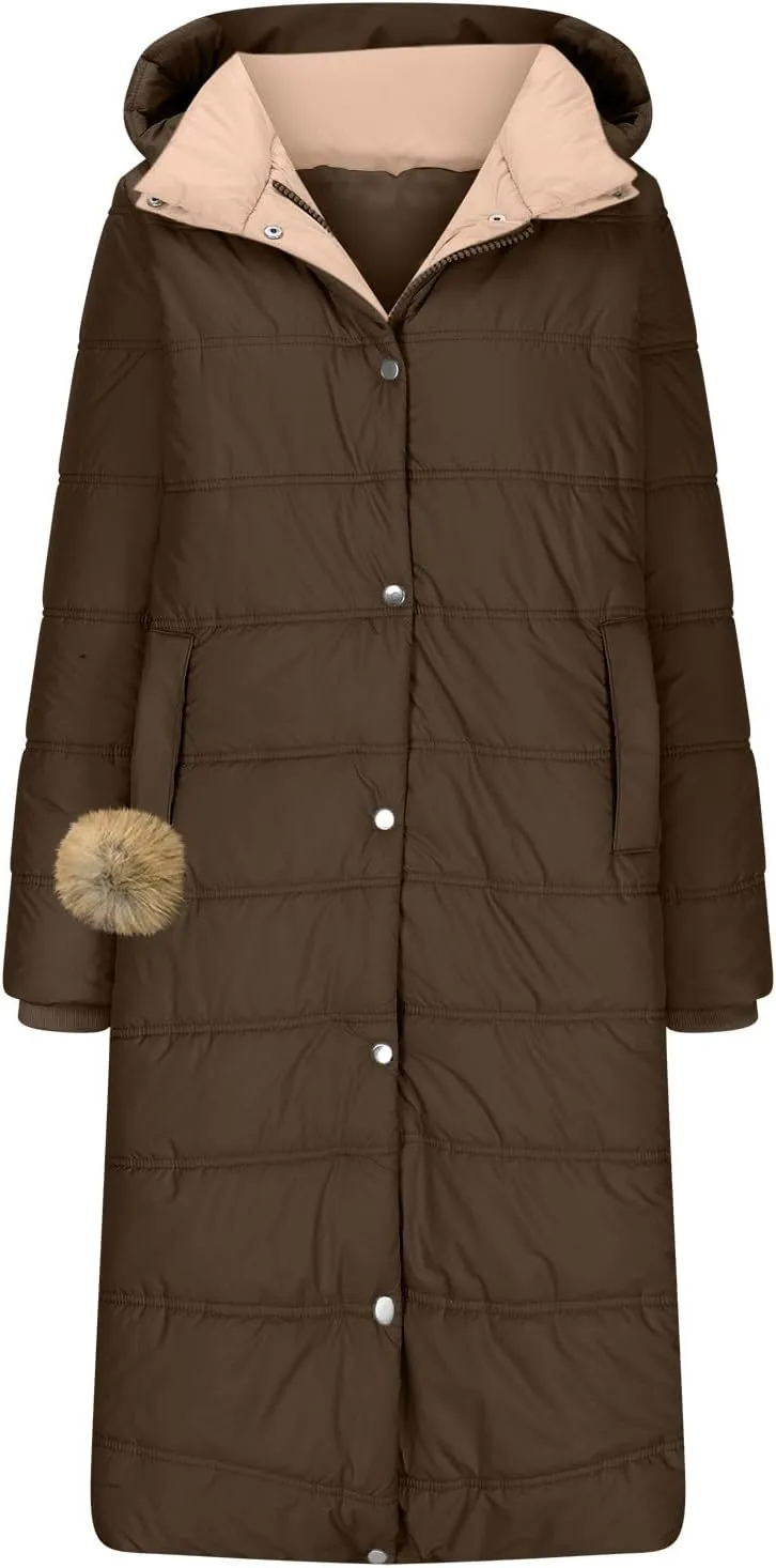 XUNRYAN Womens Puffer Jackets Winter Warm Down Coat Long Quilted Lightweight Jackets Anorak Parka Outerwear Faux-Fur Pom Deco
