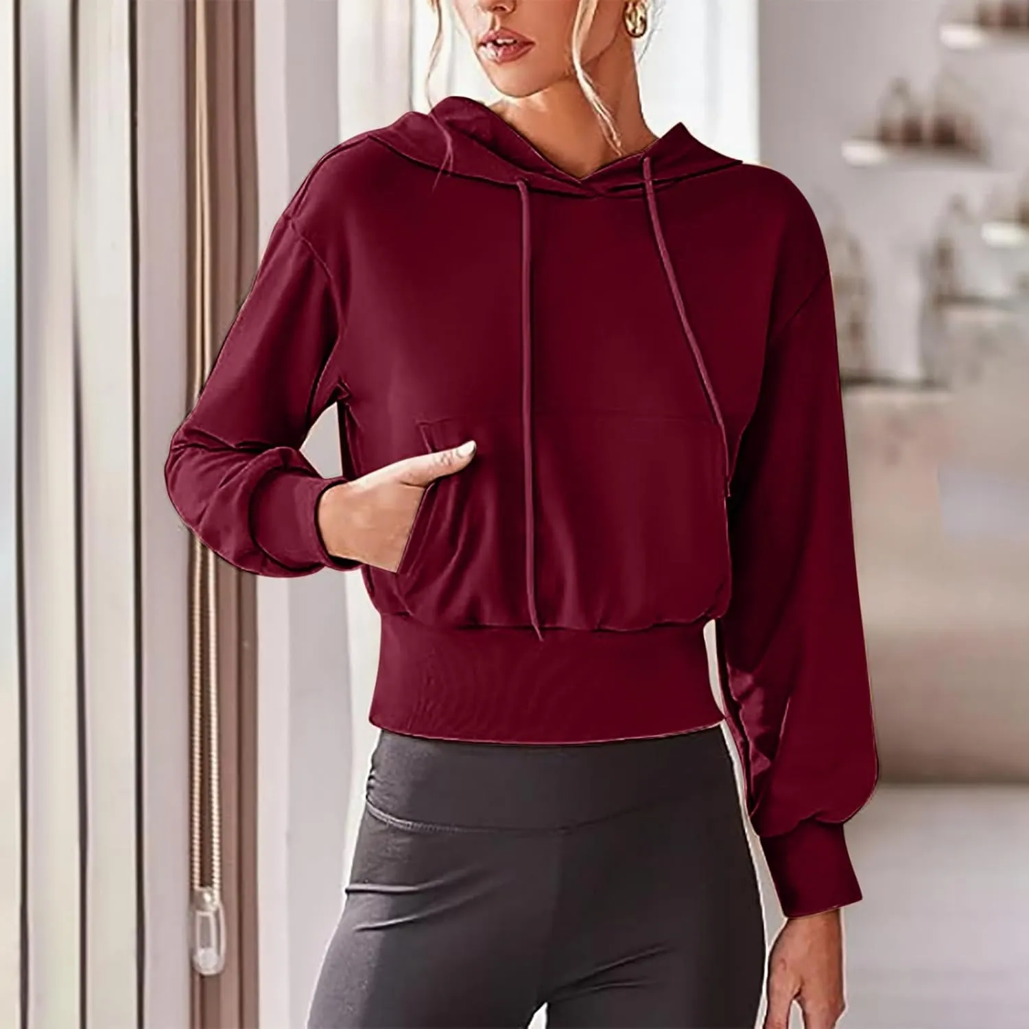 Y2k Sweatshirts for Women,Cropped Pullover Hoodies for Teen Girl,Casual Long Sleeve Hooded Sweatshirt with Pocket