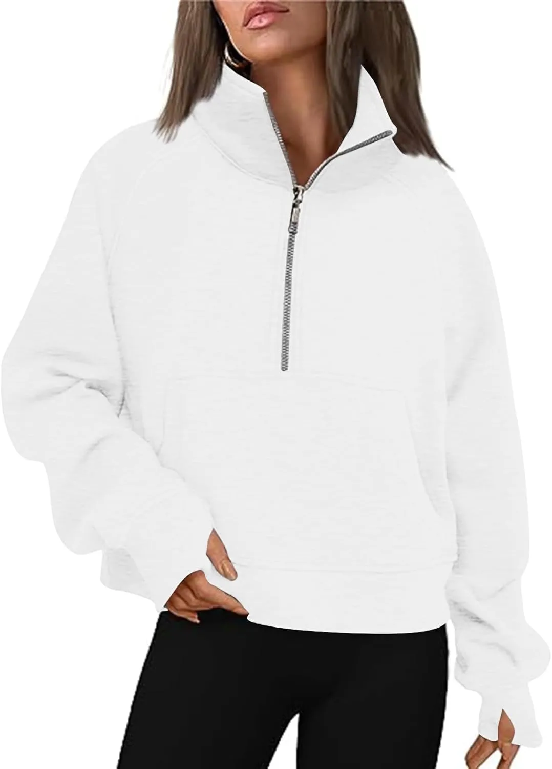 YRAETENM Sweatshirt for Women Oversized Cropped Half Zip Fleece Pullover Comfy Long Sleeve Athletic Fall Tops with Thumb Hole