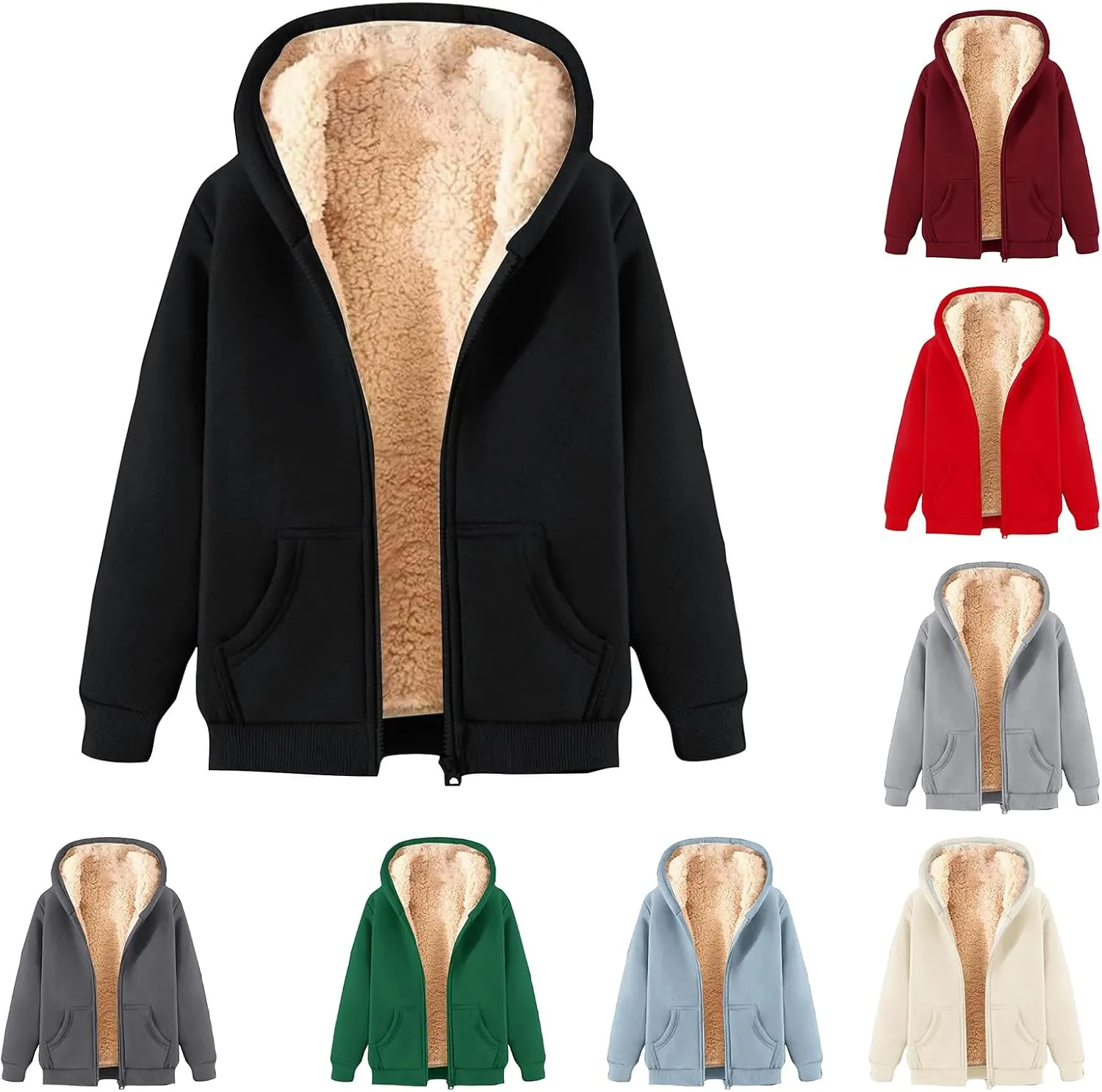 Zip Up Hoodies for Men Sherpa Fleece Lined Jackets Casual Oversized Sweatshirts Thick Warm Hooded Coat with Pockets