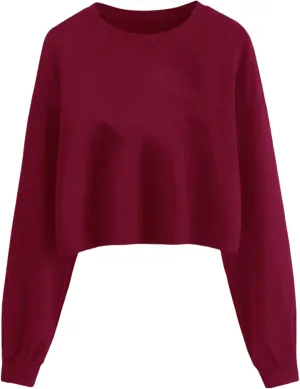 ZWRXW Women's Cropped Sweatshirt Crew Neck Long Sleeve Fleece Pullover Casual Loose Fit Solid Blouses Fall Fashion Tops